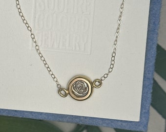 Rosa mini necklace round 14k solid yellow gold circle with silver metal abstract rose in the center on delicate cable chain 17 1/2” length