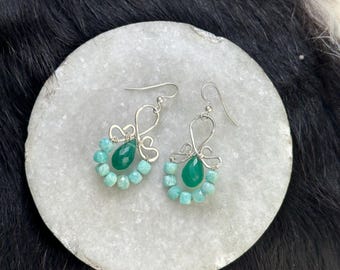 The Emma earring: hand formed sterling silver wire with a green onyx teardrop bead and a string of blue green amazonite square beads