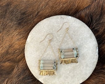 The "Carmine" earring: Grey onyx, kiwi jasper and gold chain, earwire, hand forged fringe.