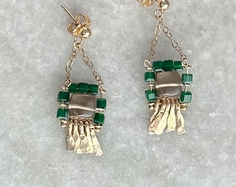 Carmine earring: Smokey grey quartz and green glass cube beads, gold wire hand forged fringe, gold chain and gold ear post