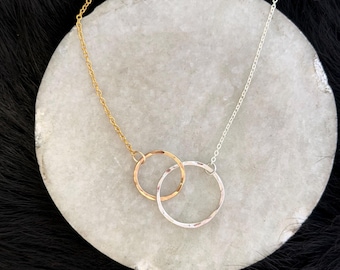 Interlocking Sterling Silver and 14k Gold fill Circles Necklace - Handmade shapes and 21" Chain
