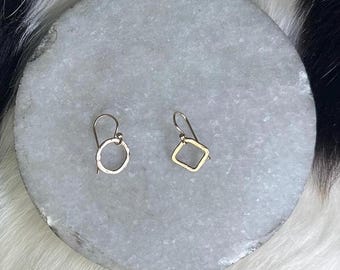14k Gold fill wire hoops, hammered texture 3/8 inch size, 16 gauge wire, one square and one circle