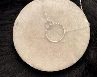 Interlocking Sterling Silver Circle and Square Necklace - Handmade shapes and 20" Chain