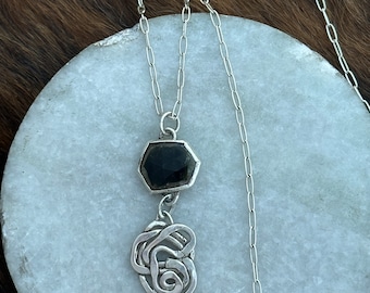 Rosa necklace pendant made of dark green tourmaline stone and sterling silver on small paper clip chain 20” length