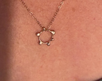 Sculpted bubble and ball accented Circle 14k Rose Gold necklace on rose gold-filled 20 inch chain
