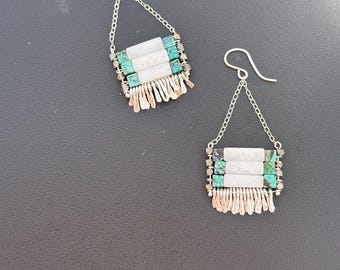 The "Carmine" earring: white jade and turquoise cube stone with silver chain, earwire, hand forged fringe.