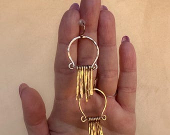 Vivian earrings, handformed arch hammered finished with hand forged fringe in 14k gold fill