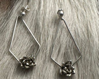 Alice earring with medium sized Silver Succulents in a 2” diamond shape and stud ear closure