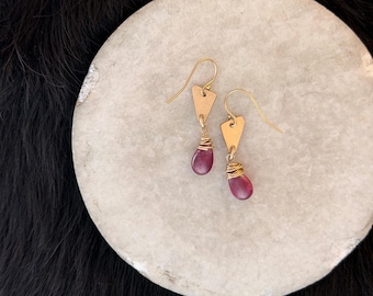 Handcut 14k Gold Filled Triangle Earrings: Red Ruby Teardrop