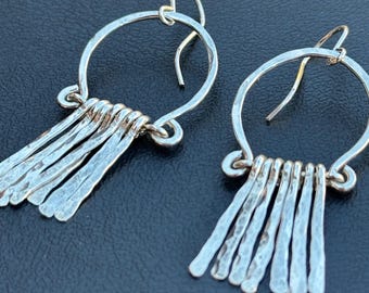 Vivian earrings, handformed arch hammered finished with hand forged fringe in streling silver