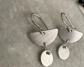 The "Bernadette" handmade silver earring, 925 sterling silver half circle with full circle dangling below small size