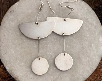 Handmade Sterling Silver Geometric Earrings: Modern Dangle Jewelry half and round shapes large Brenadette