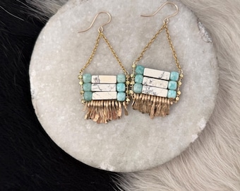 Howlite and Amazonite stone beaded and 14k Gold Filled hand forged metal fringe earring