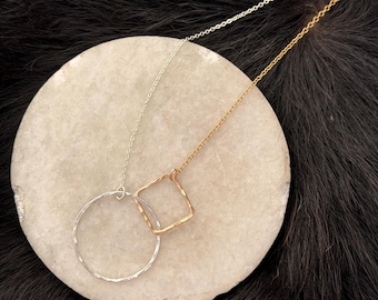 Sterling Silver Circle & 14k Gold Fill Square Necklace, Handmade Geometric Jewelry 20.5" length