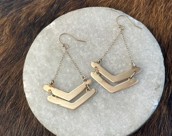 Double chevron 14k Gold fill drop earrings, handcut metal