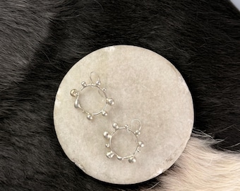 Sculpted Sterling Silver Circle Drop Earrings: 3D Accents