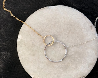 Interlocking Sterling Silver and 14k Gold fill Circles Necklace - Handmade shapes and 20" Chain