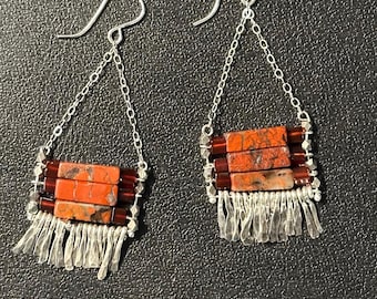 The "Carmine" earring: red brecciated jasper and red carnelian cube stone beads with silver chain, earwire, hand forged fringe.