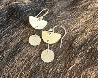 The "Bernadette" handmade 14k gold fill metal earring, a half circle with full circle dangling below, small size