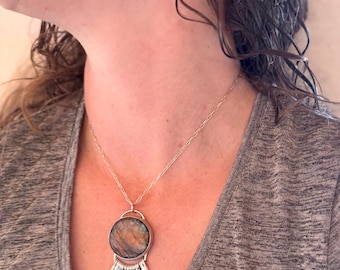 Round labradorite stone and fringe style necklace handmade of sterling silver 20” length