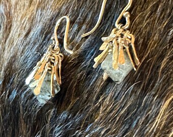 The "Gertrude" earring is a tassel made of hand forged 14k gold fill metal fringe topping rutilated quartz briolette stone bead and earwires