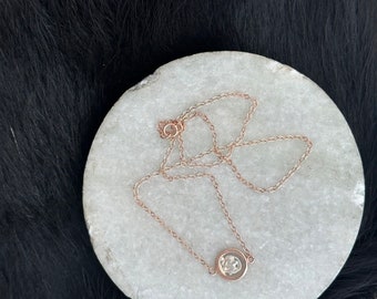 Rosa mini necklace round 14k rose gold circle with silver metal abstract rose in the center on delicate cable chain 16” length