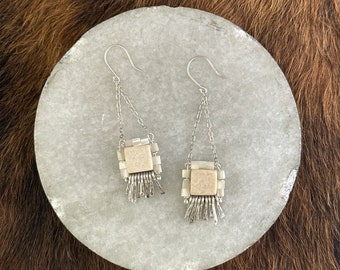 The "Carmine" earring: white riverstone, mother of pearl cube beads with hammered silver fringe