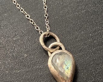 Teardrop Moonstone Pendant Necklace, Iridescent Stone Solitaire