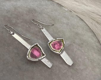Handmade Sterling Silver Watermelon Tourmaline, Pink and Green Metal Fringe Earring