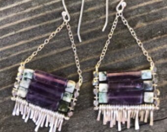 The "Carmine" earring: amethyst and moss agate stones with silver chain, earwire, hand forged fringe.