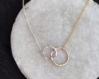 Interlocking Sterling Silver and 14k Gold Fill Circles Necklace (16.5” length)
