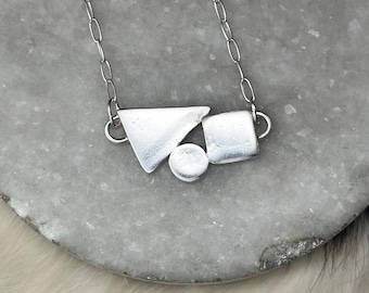 Large triangle, circle and rectangle focal point necklace Geo necklace 19 inch length
