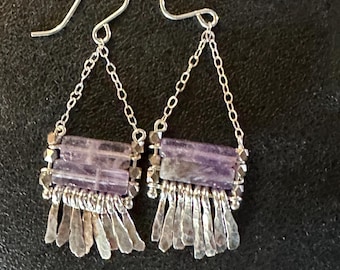 Carmine earring: amethyst  rectangle beads with silver chain, hand forged fringe