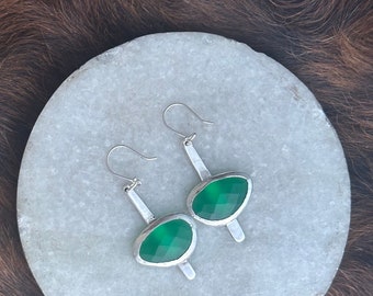 The “Dana” earring, each is 7.6 carates of green onyx stone set on a strip of sterling silver fringe