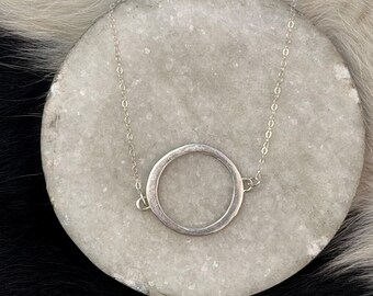 Silver Circle necklace, hand formed fine silver shape connected to a 18 inch sterling chain
