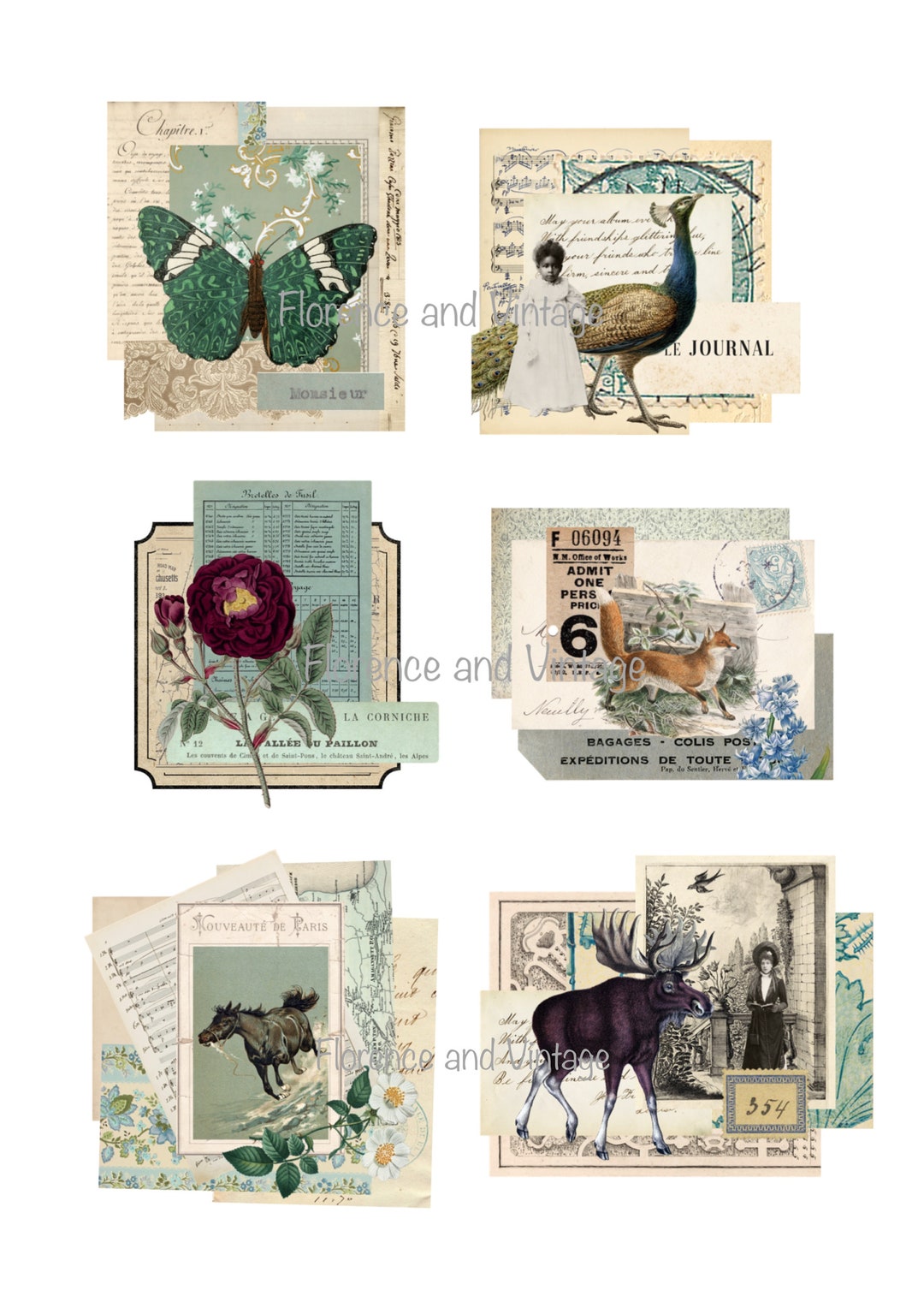 Blue Vintage Ephemera Clusters Digital Download Fussy Cut Junk Journal ...