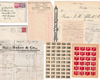 May include: A collection of vintage paper documents and price tags. The documents include a receipt from Baker & Co., a business entry form, and a handwritten note. The price tags are red and white with numbers from 1 to 33.