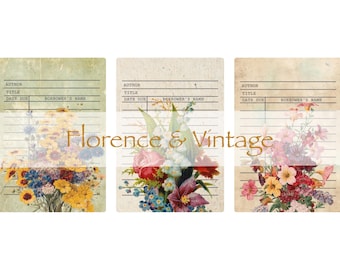 May include: Three vintage library card designs with floral bouquets. Each card features a different arrangement of colorful flowers, including sunflowers, roses, and lilies. The text "Florence & Vintage" is overlaid on the image.