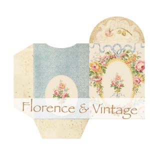 May include: A vintage-style paper envelope with a floral design. The envelope features a light blue background with a floral oval and a floral arch. The text "Florence & Vintage" is printed on the front.