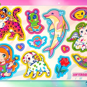 May include: A sheet of colorful stickers featuring cartoon animals and characters. Includes a leopard, alien, dolphin, cat with wings, girl with a wand, dalmatian, and a winking emoji. The stickers have a retro, whimsical style.