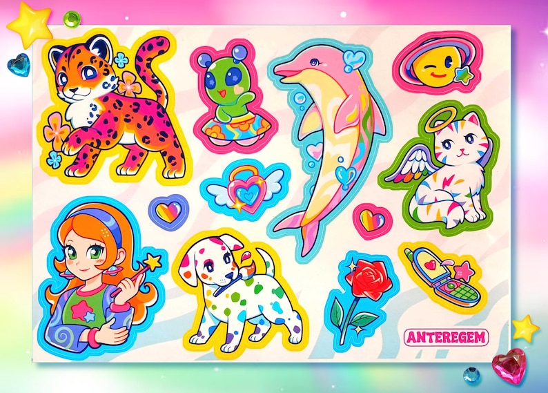 May include: A sheet of colorful stickers featuring cartoon animals and characters. Includes a leopard, alien, dolphin, cat with wings, girl with a wand, dalmatian, and a winking emoji. The stickers have a retro, whimsical style.