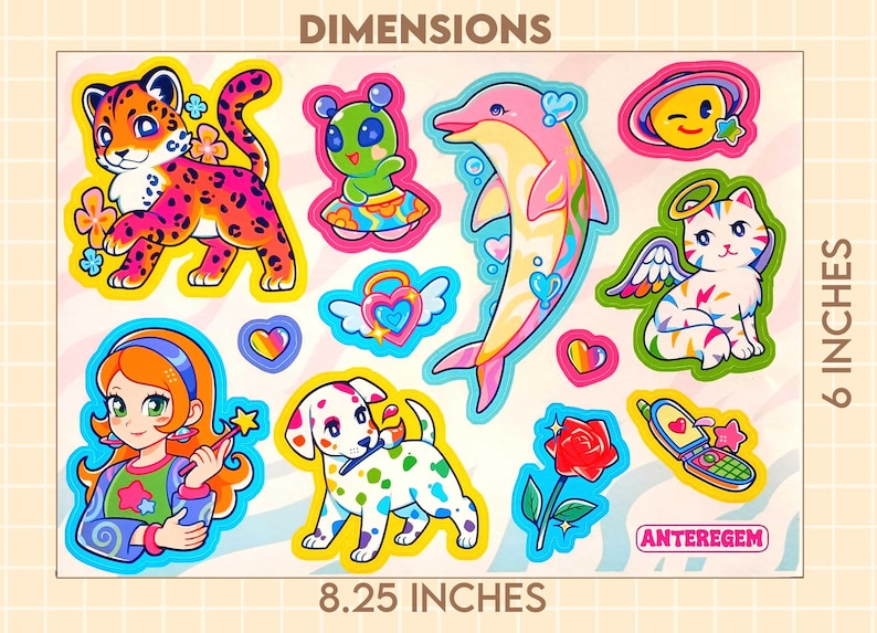May include: A sheet of colorful stickers featuring cartoon characters like a leopard, alien, dolphin, cat, girl, and dog. The sticker sheet measures 8.25 inches wide and 6 inches tall.
