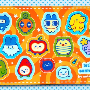 May include: A sheet of colorful stickers featuring various cartoon characters in vibrant colors. The stickers are outlined in blue and yellow, with a background that says "Let's Connect!" by anteregem.