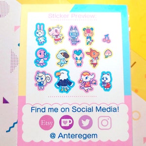 Peut inclure: Une carte rose et bleue avec un aper&ccedil;u des autocollants de diff&eacute;rents personnages d'animaux. La carte comprend &eacute;galement des ic&ocirc;nes de m&eacute;dias sociaux et le texte "Find me on Social Media!" et "@Anteregem".