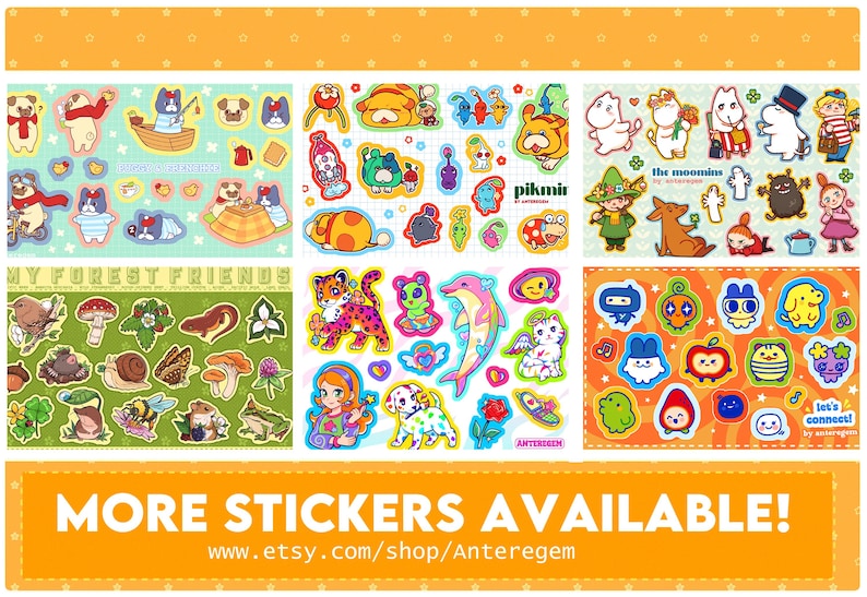 May include: A collection of colorful sticker sheets featuring various cartoon characters and designs. The stickers include animals, fantasy creatures, and characters from "The Moomins" and "Pikmir". The bottom banner reads "MORE STICKERS AVAILABLE!"