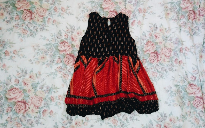 Upcycled sleeveless bohemian red and black tunic blouse