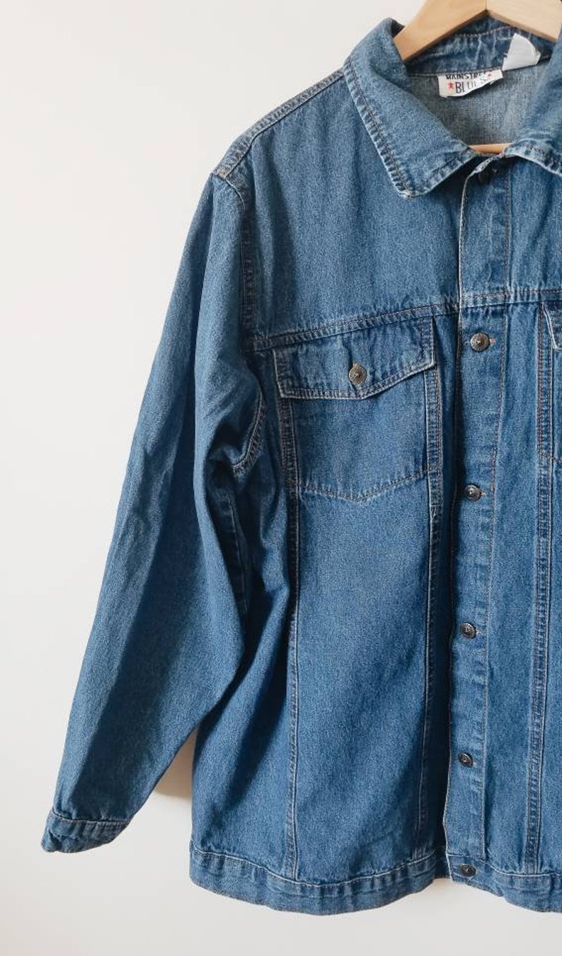 Vintage blue denim jacket with wolf and flower embroidery