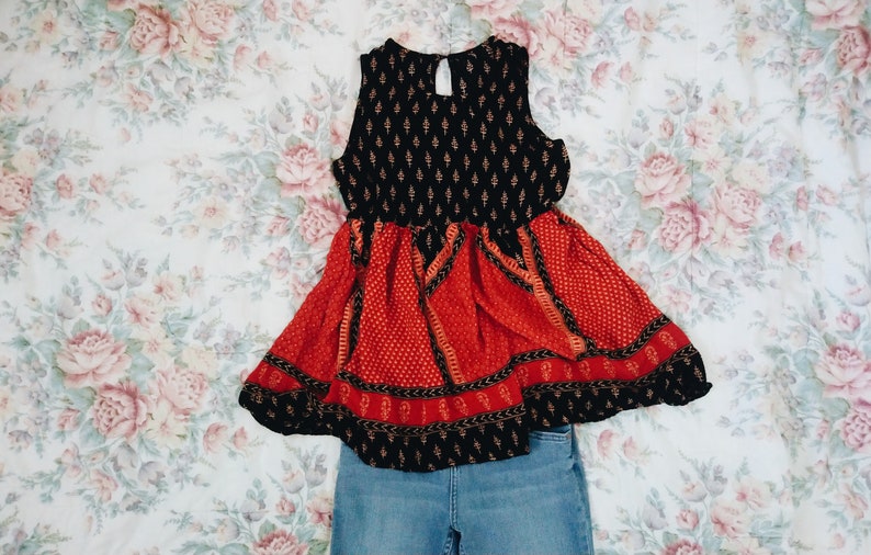Upcycled sleeveless bohemian red and black tunic blouse
