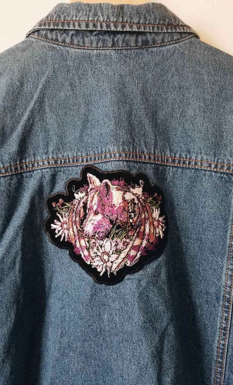 Vintage blue denim jacket with wolf and flower embroidery