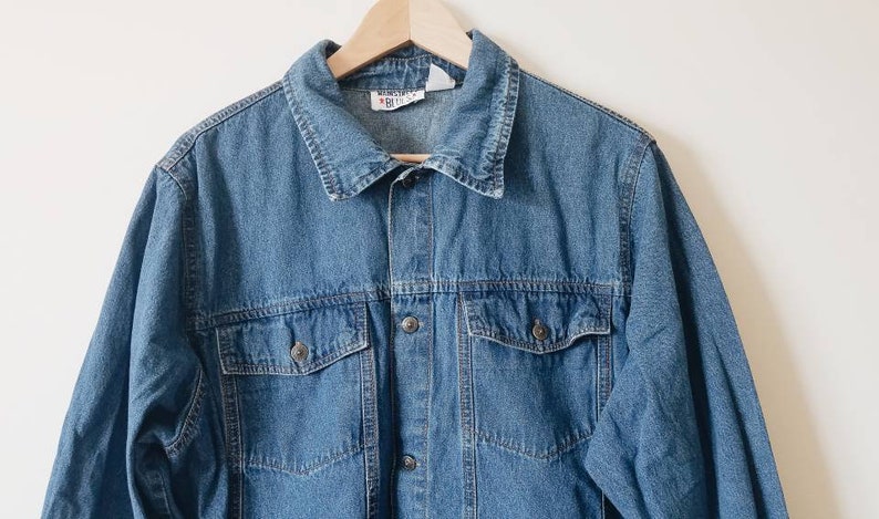 Vintage blue denim jacket with wolf and flower embroidery